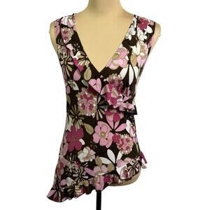 Vtg Y2K Ruffle babydoll Top sz M V-Neck asymetrical pink brown USA Fairy indie‎